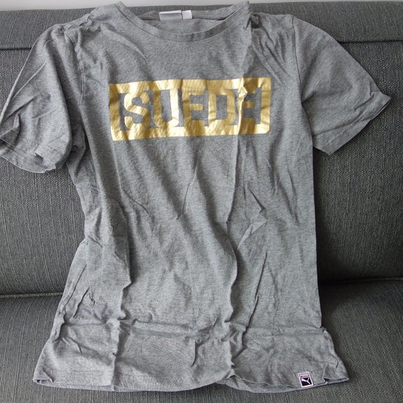 Puma Suede Gray with Gold Lettering T-Shirt Size S - Picture 1 of 6
